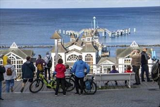 The pier of Sellin, 394 metres long, with restaurant, jetty, tourists, island of Rügen,