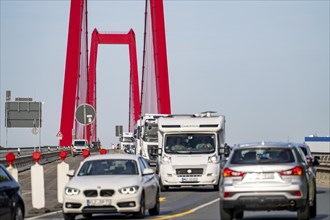 Traffic on the Rhine bridge Emmerich, federal road B220, longest suspension bridge in Germany,