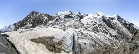 High alpine glaciated mountain landscape, La Jonction, Glacier des Bossons meets Glacier de