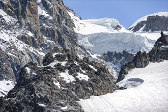 High alpine mountain landscape, glaciers and mountain peaks, La Jonction, Chamonix, Haute-Savoie,