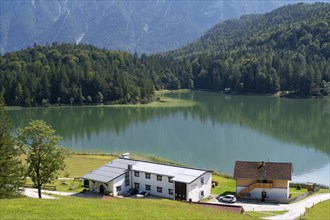 Restaurant at Lautersee, Karwendel Mountains, Alps, Mittenwald, Werdenfelser Land, Upper Bavaria,