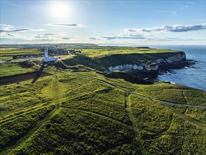 Flamborough Lighthouse and Cliffs from a drone, Flamborough, Yorkshire, England, United Kingdom,