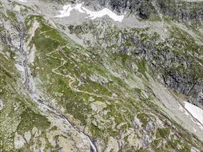 Hiking path from La Fouly to Cabane de Neuve, glacial stream, aerial view, valley Val Ferret,