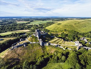 Ruins of Corfe Castle from a drone, Corfe Village, Purbeck Hills, Dorset, England, United Kingdom,