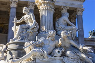 Stone figures of the Pallas-Athena fountain in front of the parliament building, Vienna, Austria,