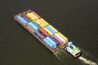 Aerial view, pushed convoy, pushed barge. barge, container, container taxi, lighter, Elbe,