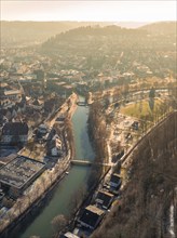 Panoramic view of a town with river and bridges in the sunshine, Nagold, Black Forest, Germany,