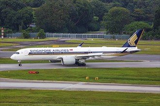 A Singapore Airlines Airbus A350-900 aircraft with the registration 9V-SHG at Changi Airport,