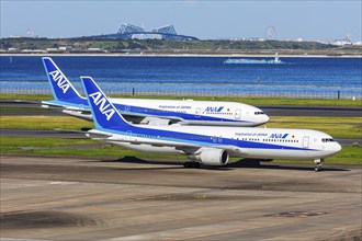 Boeing 767-300ER and 777-200ER aircraft of ANA All Nippon Airways at Tokyo Haneda Airport, Japan,