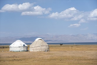 Yurts in the highlands, Song Kul mountain lake, Naryn region, Kyrgyzstan, Asia