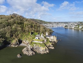 Dartmouth Castle over River Dart from a drone, Dartmouth, Kingswear, Devon, England, United