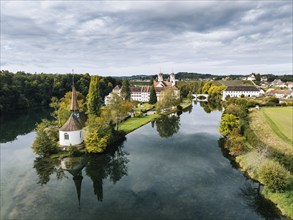 Aerial view of the former Benedictine abbey with the monastery church of St Mary and the pointed