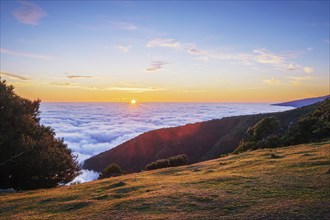 Sunrise above clouds and green hills at Fanal mountain, Madeira island, Portugal, Europe