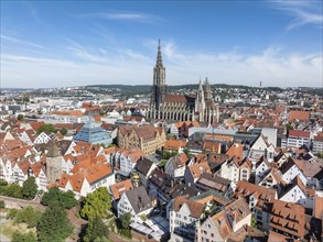 Aerial view of the old town centre of Ulm with the cathedral, Ulm, Baden-Württemberg, Germany,