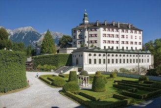 High castle, the Renaissance castle Schloss Ambras with castle park and Venetian fountain,