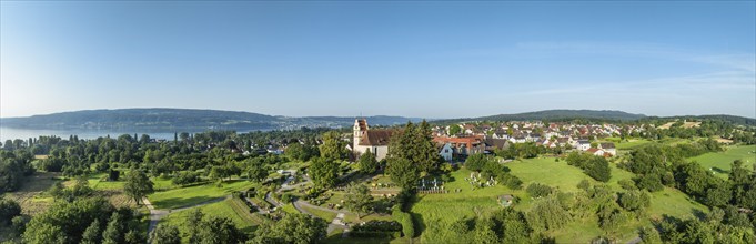 The church of St. Johann and Vitus in Horn on the Höri peninsula, aerial view, panorama,