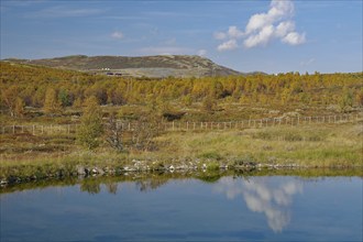 A clear lake reflects the colourful autumn landscape and the sky with white clouds, autumn,