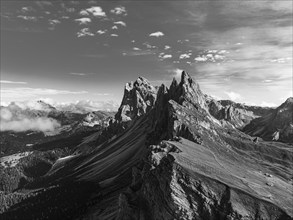 The peaks Sas Rigais and Furchetta of the Geisler group, drone image, black and white image, Val