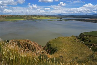 Ein ruhiger See, der von grünen Hügeln und Sträuchern umgeben ist, unter einem teilweise bewölkten