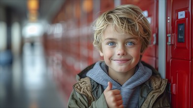 Cute caucasian school boy giving a thumbs up in the hallway of his school. generative AI, AI