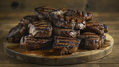 Plate with A stack of several grilled steaks. generative AI, AI generated