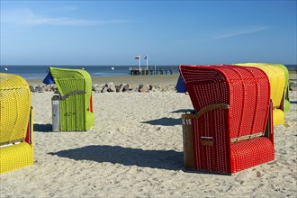 Colourful beach chairs, Föhr, North Frisian Islands, North Frisia, Schleswig-Holstein, Germany,