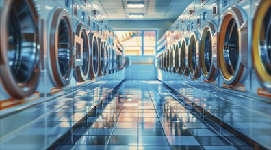 A row of silver washers and dryers are in a laundromat. Laundry place, AI generated