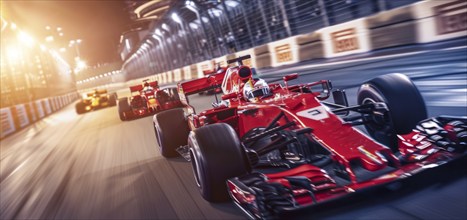 Two race cars are speeding down a track, auto racing competition, AI generated