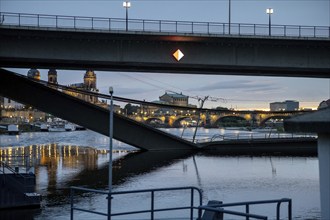 Partial collapse of the Carola Bridge in Dresden with the Semper Opera House in the background,