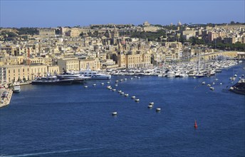 View of boats at moorings Grand Harbour Marina, Vittoriosa, Valletta, Malta, Europe