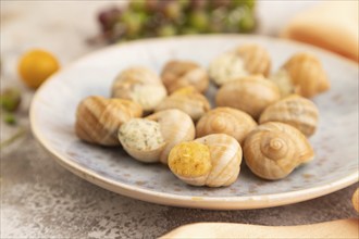 Grape (Burgundy) snails with butter and cheese on brown concrete background and orange textile.