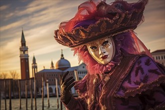 A person adorned in a richly detailed and colorful carnival costume, complete with an elaborate