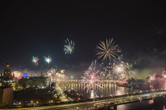 New Year's Eve fireworks over Dresden's Old Town, Dresden, Saxony, Germany, Europe