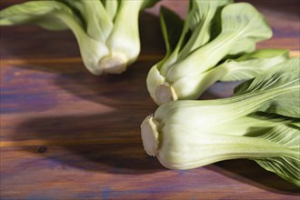 Fresh green bok choy or pac choi chinese cabbage on a colored wooden background. Hard light,