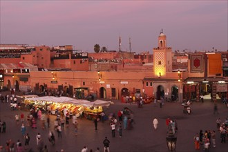 Restaurants in the evening on the Djemaa el Fna square in Marrakech, Morocco, Africa