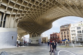 Inline skaters and pedestrians on the Plaza Mayor, Metropol Parasol, Seville, Andalusia, Spain,