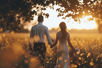 Affectionate romantic couple hugging at sunset during honeymoon in wedding dress, AI generated