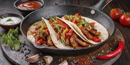 A plate and prying pan of fajitas with three tacos and tortillas and a bowl of salsa sauce, AI