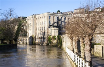 Historic buildings and River Avon, Bradford on Avon, Wiltshire, England, United Kingdom, Europe