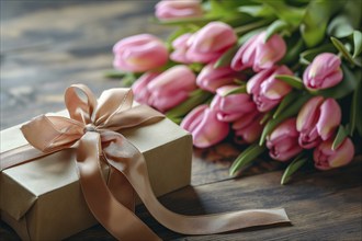 Gift Box with Pink Ribbon Beside bouquet of Fresh Tulips. Background for Valentine day, March 8,