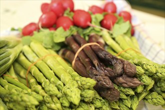 Green and purple asparagus, radishes in the background