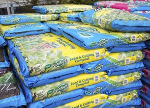 Bags of seed and cutting compost on sale Ladybird Nurseries garden centre, Gromford, Suffolk,