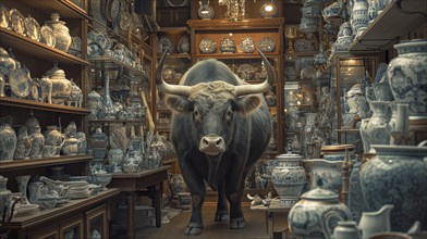 Very large bull with horns in a China shop filled with glassware. generative AI, AI generated