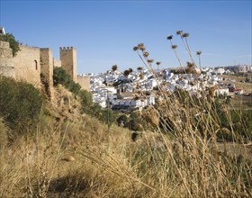 Outside the old city walls looking towards newer part of Ronda, Spain, Europe