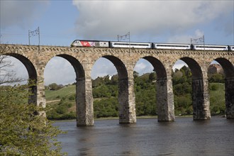 Train railway viaduct crossing River Tweed, Berwick-upon-Tweed, Northumberland, England, UK