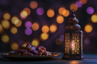 Ramadan lantern with a plate of succulent figs in violet purple tones, set on an ornate table with