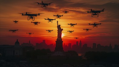 Swarm of UAV unmanned aircraft drones flying near the United States statue of liberty in new york,