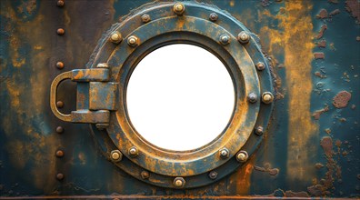 Vintage aged brass ship porthole mounted on a rusty iron hull with a white background. generative