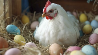 White chicken next to colorful easter eggs, generative AI, AI generated