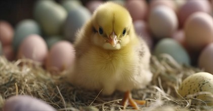 Cute newborn chick next to colorful easter eggs, generative AI, AI generated